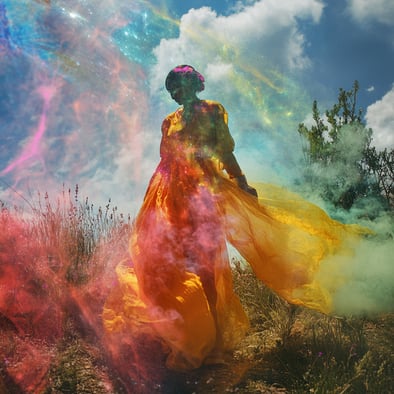 Eine Frau in einem orangefarbenen Kleid steht im Gras, ihr Kopf ist mit buntem Rauch und Wolken aus rosa, blauem, grünem und gelbem Pulver bedeckt. Der Hintergrund ist der Himmel und einige Wildblumen, die eine verträumte Atmosphäre schaffen. Surrealistis