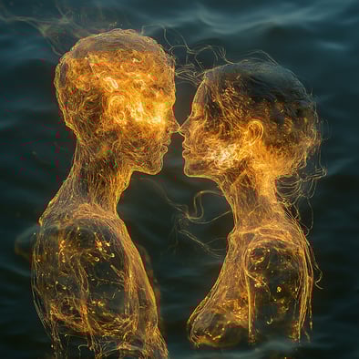 Zwei Figuren aus leuchtenden Goldfäden, die sich gegenüberstehen und sich küssen wollen, mit leuchtendem Licht um sie herum, reflektiert auf einem dunklen Wasserhintergrund. Hyperrealistische Fotografie  Symbol „Von der Community überprüft“