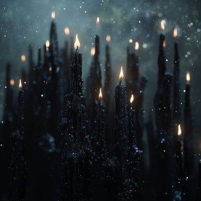 Eine Vielzahl schwarzer Kerzen, im Hintergrund fallen Nebel und Schnee von oben und sorgen für eine mystische Atmosphäre. Hyperrealistische Fotografie mit sanfter Beleuchtung, im Stil einer Halloween-Szene, in hoher Auflösung.