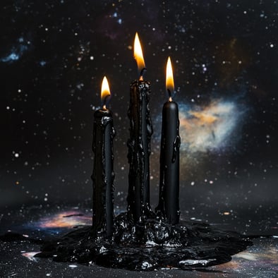 Schwarze Kerzen, die im Weltraum brennen, drei schmelzende schwarze Wachskerzenhalter, ein Galaxienhintergrund, hyperrealistische Fotografie.  Symbol „Von der Community überprüft“