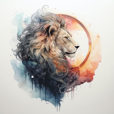 Aquarell-Landschaftslöwenporträtillustration mit Hintergrund, im Stil kreisförmiger Formen, aufgesprühter Realismus, dargestellte gefangene Emotionen, helles Marineblau und helles Bernstein, Tätowierung, hellrot und helles Aquamarin, Illustration