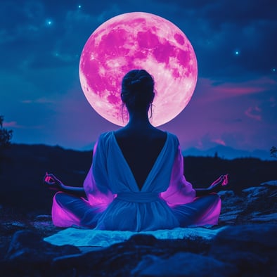Eine schöne Frau, die im Lotussitz unter dem rosafarbenen Vollmond meditiert, mit neonfarbenen Leuchtfarben, im Stil hyperrealistischer Fotografie.