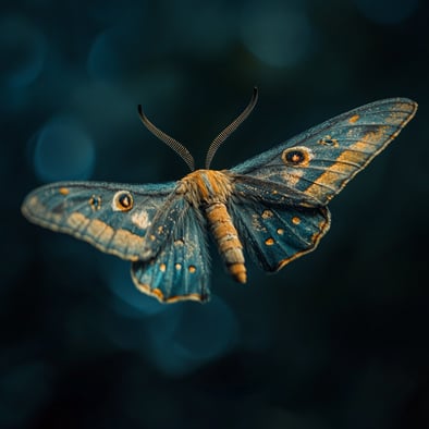Nahaufnahme einer blauen und braunen Motte, die im Dunkeln fliegt, mit verschwommenem Hintergrund und dunklen Farben, im Stil der Unsplash-Fotografie.