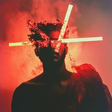 Ein Mann mit einem leuchtend roten Neonkreuz auf dem Kopf, einem Doppelbelichtungseffekt, umgeben von rotem Rauch und Feuer, der an Albumcover mit Y2K-Ästhetik und körnigem Aussehen erinnert.