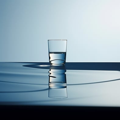 ein Glas Wasser, das auf einem blauen Tisch steht, im Stil des minimalistischen Surrealismus, scharfe Perspektivwinkel, Nebeneinander von Licht und Schatten, kräftige Farbigkeit, ruhiges Wasser