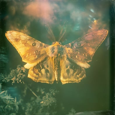 Eine riesige Motte, Foto aufgenommen mit einer Polaroidkamera und Blitz, polarisierte Farben, niedrige Auflösung, Polaroidfilter, Fotografie mit polarisiertem Licht, Polarisationsfilter, polarisiert, Poladecorn, koloriert, Kolorismus, verträumt