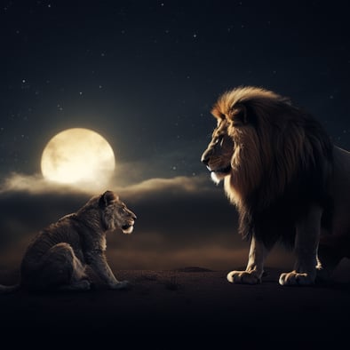 Zwei Löwen in der Wüste stehen vor einem Mond, im Stil von starker emotionaler Wirkung, Tiere und Menschen