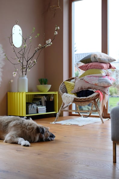 dieartigeBLOG // Wohnzimmer, Sofaecke in Neon & Bunt - Sofa Freistil, Teppich Ikea, Kissen: Lumikello, Depot, HM Home