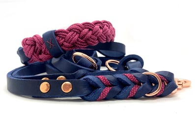geflochtenes Hundehalsband Paracord dunkleblaue Hundeleine Leder Beerenfarben 