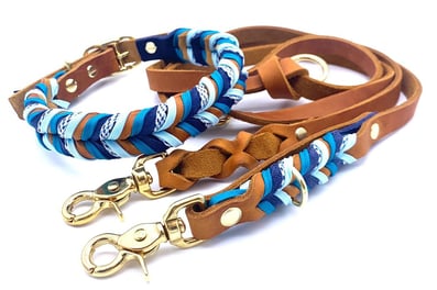 Hundehalsband Hundeleine geflochtenes Leder Blau Weiß Cognac 