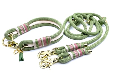 grünes Tauhalsband 3 reihig Hundeleine Tau rosa weiß grün