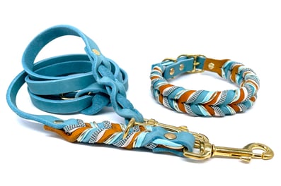 geflochtenes Hundehalsband Hundeleine hellblaues Leder Cognac Ice