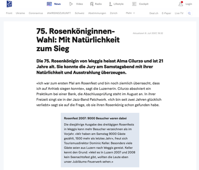 Rosenkönigin, Alma Cilurzo, 20 Minuten Artikel