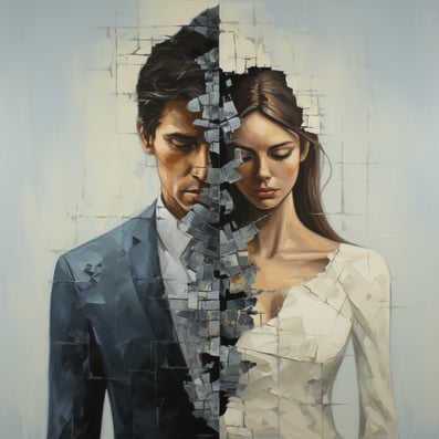 Ein Kunstwerk zeigt Mann und Frau, die zwischen zerbrochenen Teilen stehen, im Stil eines realistischen Porträtmalers, elegante Kompositionen, Symmetrie, betont Emotionen gegenüber Realismus, dunkles Weiß und Hellblau, Ölporträts, romantische Illustration