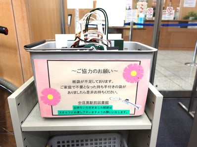 出入口にカゴを置き、持ち帰り用の紙袋を提供