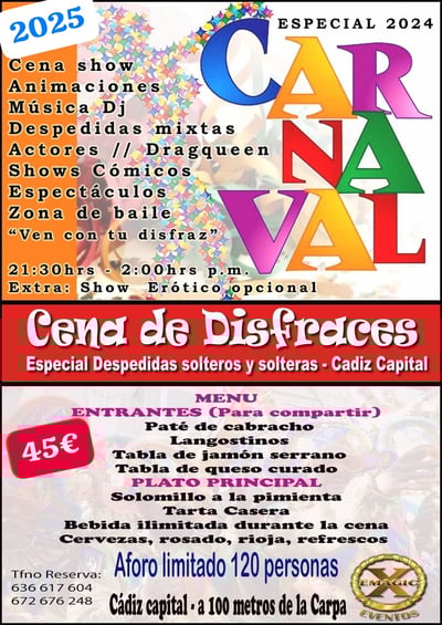 cena carnaval de cadiz para despedidas de solteros y solteras