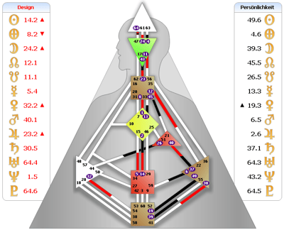 Typ: manifestierender Generator, innere Autorität: Solarplexus (Gefühle), transpersonales Profil:  6/2,  Schaltkreise:  Ego und Wissen          