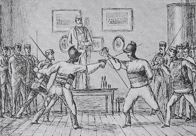 Mensur auf einem Conventsquartier in Dorpat (Eberhard Kraus Curoniae 1857-1918). Der rechte Paukant zeigt die „Renommierparade": vorgestreckter rechter Arm, Klinge nach unten.