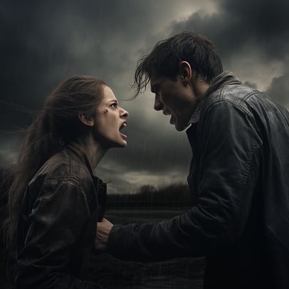 Eine Frau und ein Mann streiten lauthals unter einem dunklen, stürmischen Himmel, im Stil eindringlicher Porträts, biblisches Drama, rissig, ausgefranst, fängt rohe Emotionen ein, feuchter, dystopischer Realismus