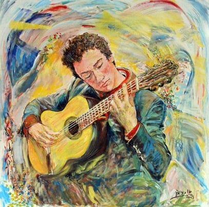 LE GUITARISTE, acrylique sur toile, 100 x 100 cm, 2023