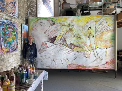 RÉCIT MYTHIQUE (partie centrale), acrylique sur toile, 10 m x 2.15 m, 2023