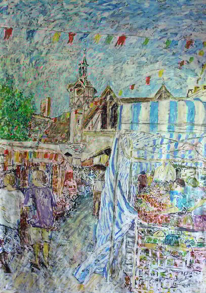 CASTILLONNÈS - Jour du marché, acrylique sur toile, 3 m x 2.20 m cm, 2019