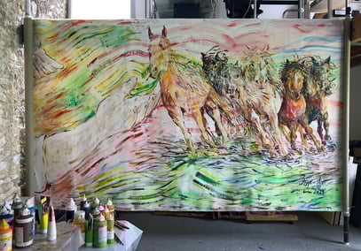 RÉCIT MYTHIQUE (partie droite), acrylique sur toile, 10 m x 2.15 m, 2023