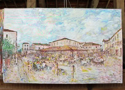 VILLERÉAL - Marché gourmand, acrylique sur toile, 3.40 m x 2.10 m, 2019
