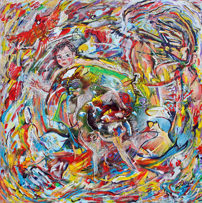 L'ENFANT DÉCOUVRE LE MONDE, acrylique sur toile, 100 x 100 cm, 2025