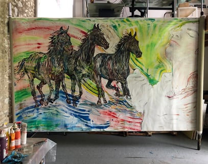 RÉCIT MYTHIQUE (partie gauche), acrylique sur toile, 10 m x 2.15 m, 2023