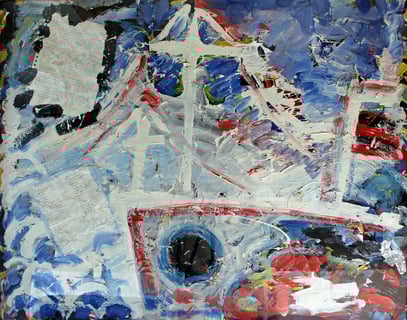 LA DÉCOUVERTE, acrylique et collage sur toile, 125 x 100 cm, 1988