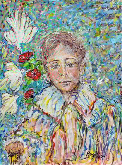 MON PERE ENFANT AVEC PALOMA'S, acrylique sur papier, 42 x 58 cm, 2024