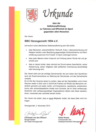 Selbstverpflichtungserklärung "zu Toleranz und Offenheit im Sport gegenüber allen Menschen"