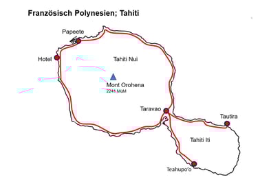 Tahiti besteht aus zwei aneinander liegenden Teilen ... der grosse Teil ist Tahiti Nui und der kleine Teil ist Tahiti Iti. Iti kann nicht umrundet werden.