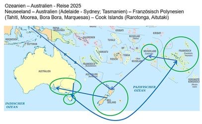 Die Übersichtskarte der Resie von Brigitte und Heinz Schwank im Jahre 2025 nach Australien und Ozeanien.