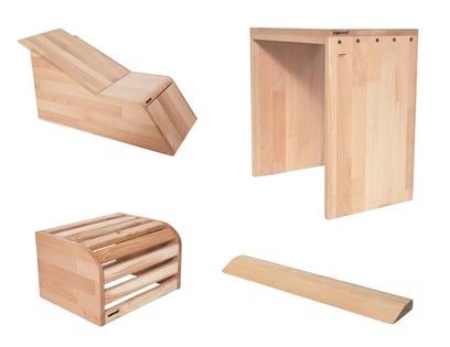 Woody Set von yogawood aus Simhasana Bank, Halasana Box, Viparita Karani Box und Handstand Planke