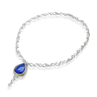 Collier in Weiss- und Gelbgold mit Brillanten und Saphiren, angefertigt auf Kundenwunsch von der Goldschmiede OBSESSION Zürich und Wetzikon