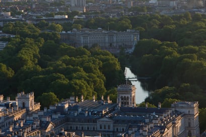 Blick aus dem London Eye auf St. James's Park und den Buckingham Palace