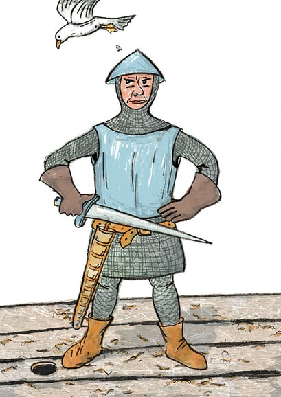 Soldat, Klappenbuchseite (dreigeteilt) für Kinderkulturbüro e.V. zur Wanderausstellung „Von Kapitänen und Kaufleuten” durch Museen der Hansestädte