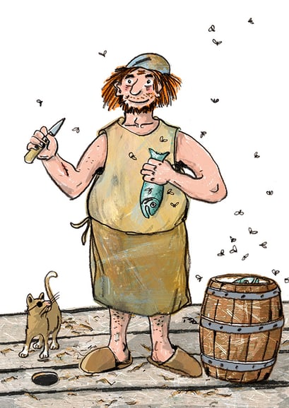 Smutje, Klappenbuchseite (dreigeteilt) für Kinderkulturbüro e.V. zur Wanderausstellung „Von Kapitänen und Kaufleuten” durch Museen der Hansestädte