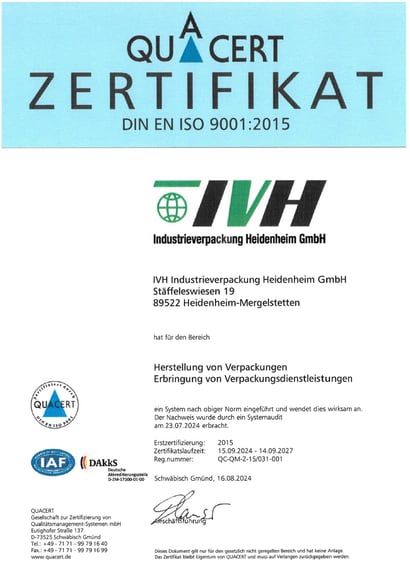 Urkunde DIN EN ISO 9001:2015 / Industrieverpackung Heidenheim ist zertifiziert nach Urkunde DIN EN ISO 9001:2015 