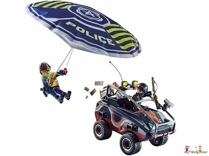 Die Besonderheit dieses Playmobil-Sets (Art.-Nr. 70781) ist ein schwimmfähiges Amphibienfahrzeug mit einem funktionierenden Fallschirm.
