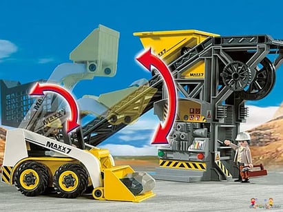 Dieses Set enthält eine robuste Förderanlage, einen Kompaktlader sowie eine Kipp-Lore, die über einen Seilzug bewegt werden kann.