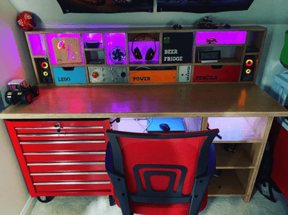 a picture of the desk.  Colourful lighting and various shelving options