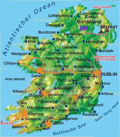 Route: Dublin - Kilkerny - Rock of Cashel - Cork - Kinsale - Ring of Kerry - Killarney - Dingle - Limerick - Cliffs of Moher - Burren - Galway - Clonmacnoise - Newgrange - Dublin