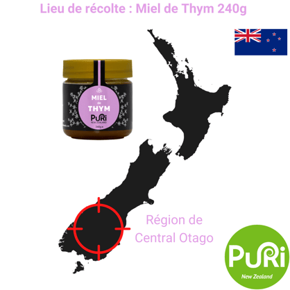 Miel de thym de Nouvelle-Zélande Puri New Zealand, carte central otago et Nouvelle-Zélande