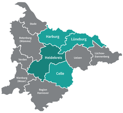 Übersichtskarte der Lage der Landkreis in denen LINA tätig ist.