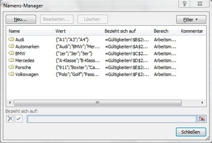 Übersicht der definierten Namen im Namens-Manager