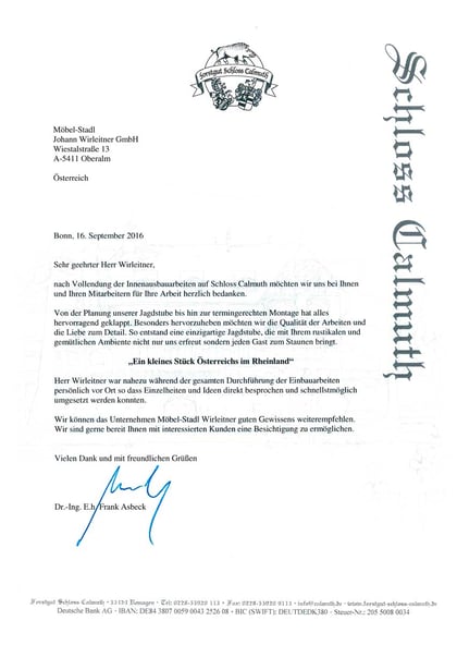 Wirleitner Referenzschreiben Jagdhaus Schloss Calmuht