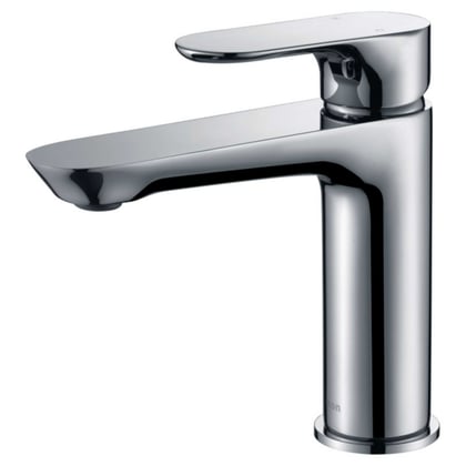 This is a contemporary, chrome-finished basin mixer tap with a cylindrical body and a smooth single-lever handle for easy water control